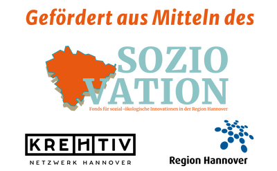 Gefördert aus den Mitteln des Soziovation Fonds für sozial-ökologische Innovationen in der Region Hannover – Logo: Kreativ Netzwerk Hannover – Logo: Region Hannover