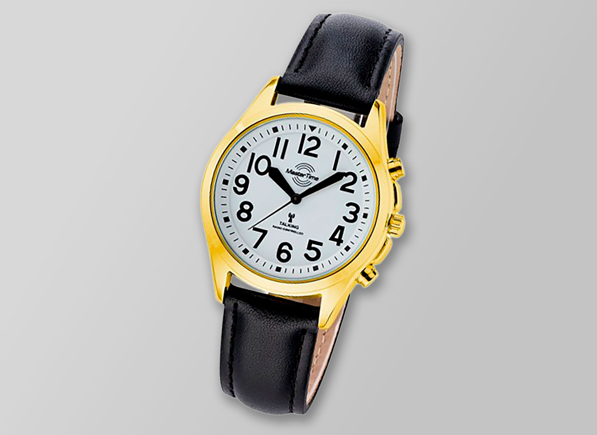 Ansicht auf die goldfarbene Uhr mit Lederband.