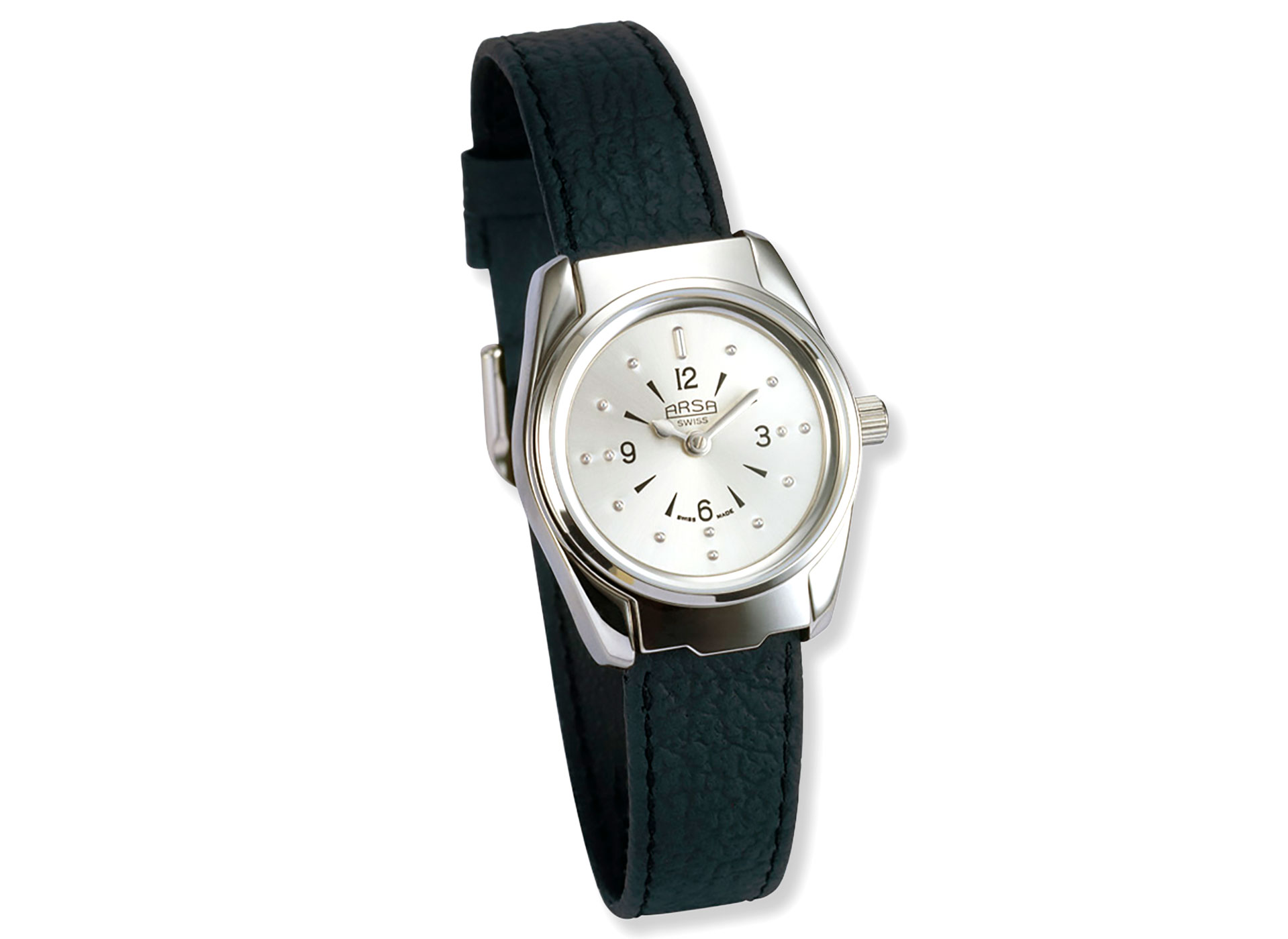 Ansicht auf die Uhr mit schwarzem Band.
